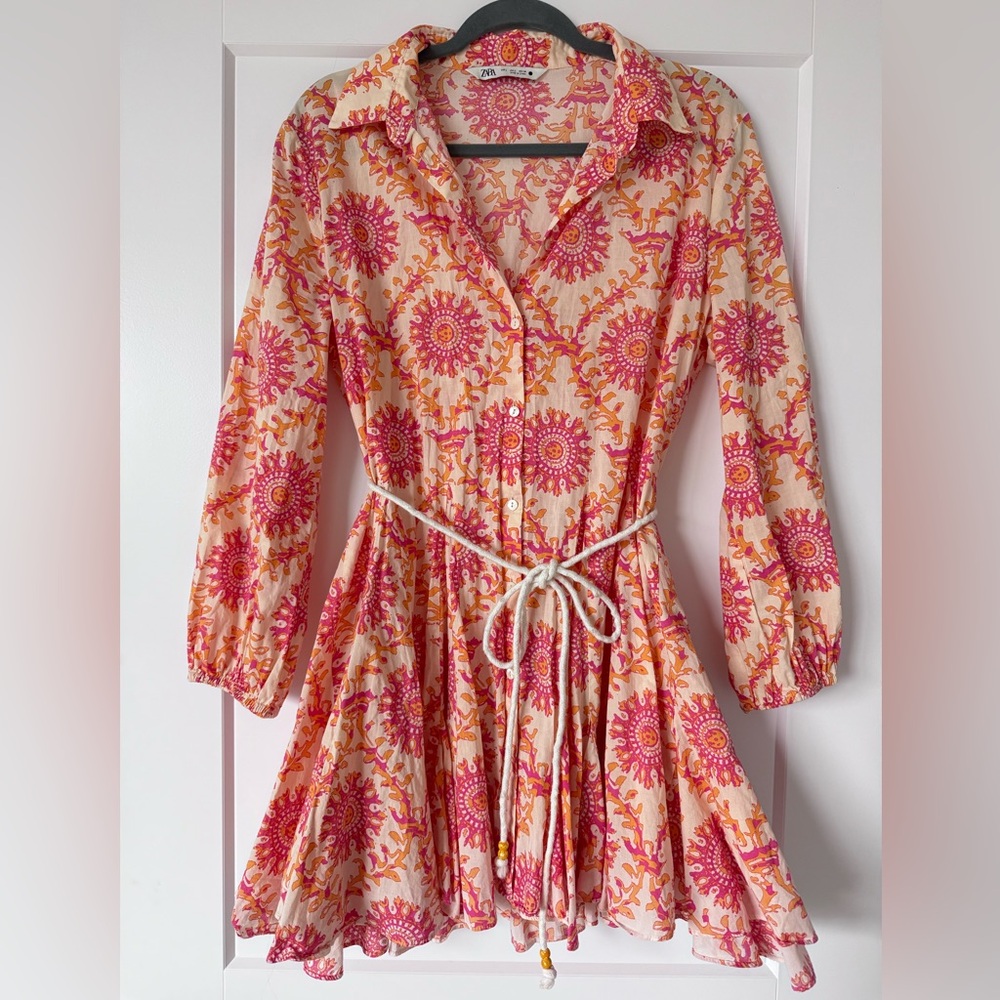 Zara Pink and Orange Floral Long Sleeve Summer Dress